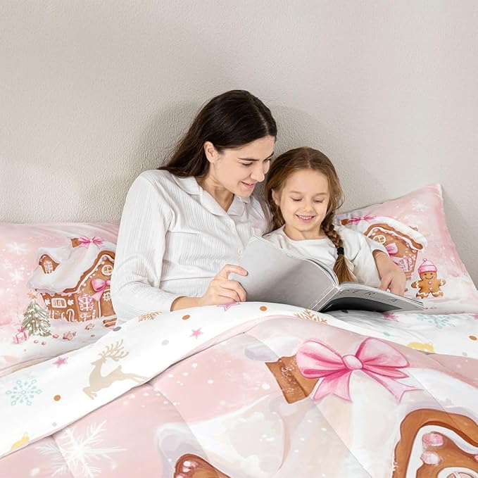 Feelyou Gingerbread House Kids Comforter Set Queen Size Gingerbread Man Bedding Set Christmas Tree Duvet Quilt for Kids Boys Girls Bedroom Pink Bow Decor Snowflake Microfiber Ultra Soft Breathable