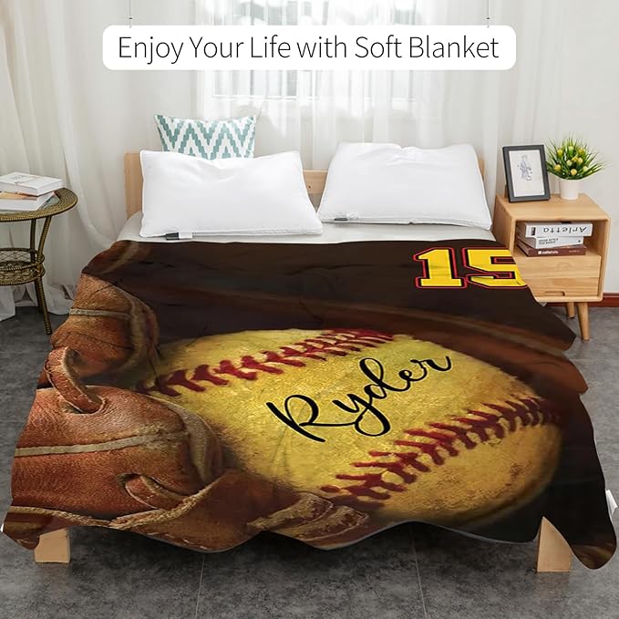 Custom Baby Softball Blanket with Name Number: Personalized Fluffy and Warm Gift for Baby Toddler Kids and Adults Birthday Skin-Friendly Flannel Fabric(50"x60")