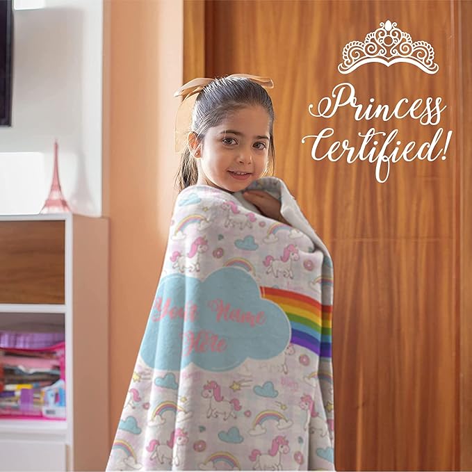 Personalized Rainbow Unicorn Throw Blanket for Girls and Boys with Custom Name, Cute Soft Bedding for Nursery Room or Tummy Play, Warm and Plush (Fleece 30x40)