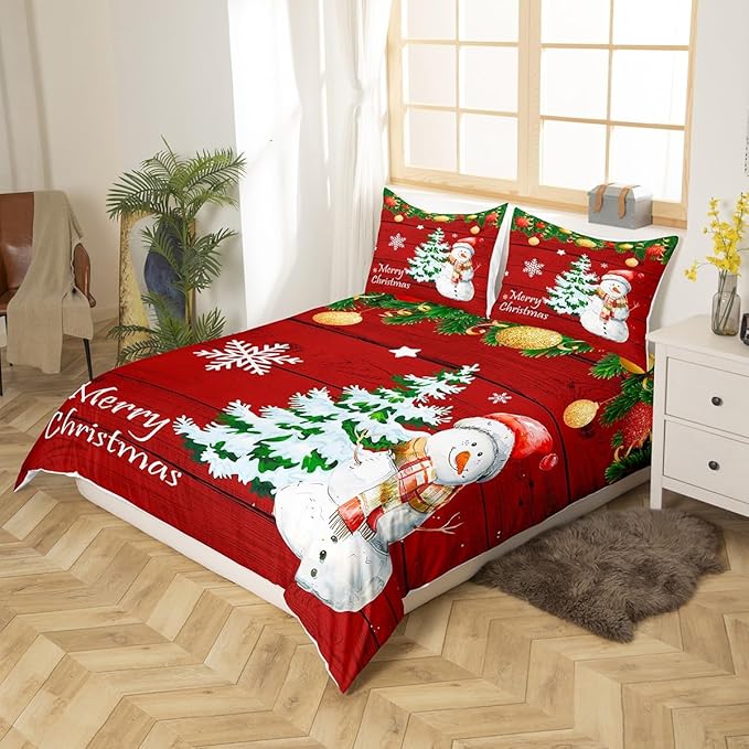 Manfei Christmas Duvet Cover Set Full Size, Cute Snowman Tree Print Comforter Cover with 2 Pillowcases, New Year Theme Rustic Style Xmas Bedding Set 3pcs for Kids Boys Girls Bedroom Decor,No Comforter