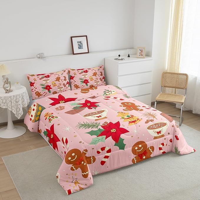 Feelyou Cute Gingerbread Man Bedding Set for Kids Boys Girls Full Size Christmas Trees Comforter Set Ultra Soft Candy Comforter Dessert Duvet Quilt Bedroom Decor Christmas Decor Quilt