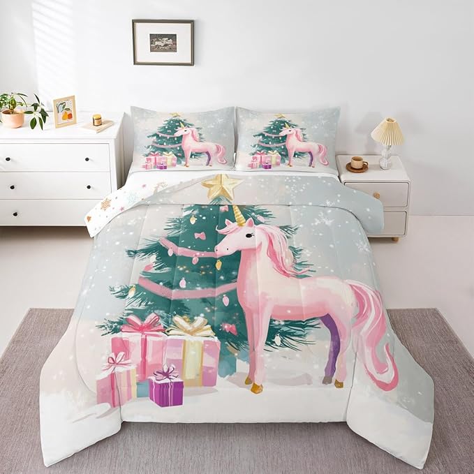 Feelyou Merry Christmas Comforter Set King Size Cute Unicorn Bedding Set for Kids Boys Girls Gift Duvet Quilt Christmas Tree Bedroom Decor Microfiber 3 Pcs with 2 Pillow Cases