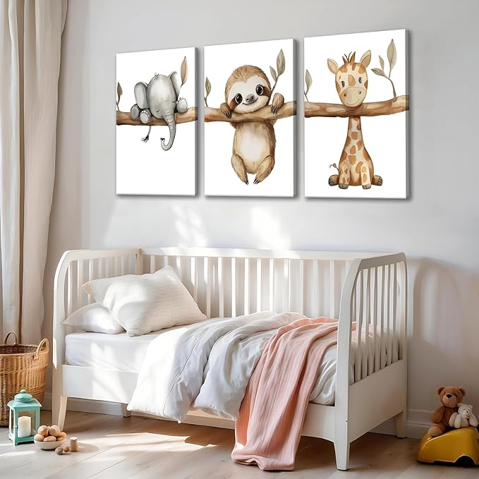3Pcs Nursery Animal Canvas Wall Art Safari Nursery Poster Prints Jungle Kids Painting Cute Animal Elephant Sloth Giraffe Artwork Picture Wall Decor for Boys Room Girls Room 16x24in Framed