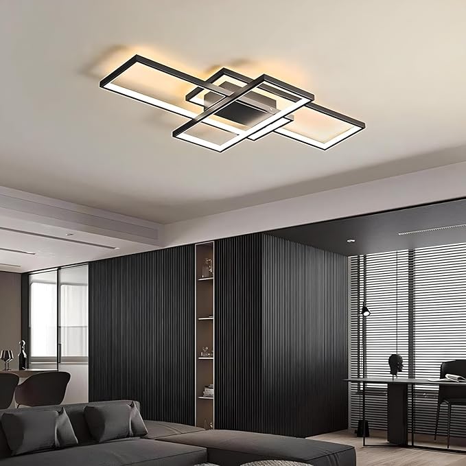 Flush Mount Modern LED Ceiling Light Fixture, With Remote Control Dimmable 3 Color Selectable Ceiling Lamp for Sitting Room, Kitchen, Bedroom, Hallway, Porch (Black, 55.1*31.5*2.5 IN)