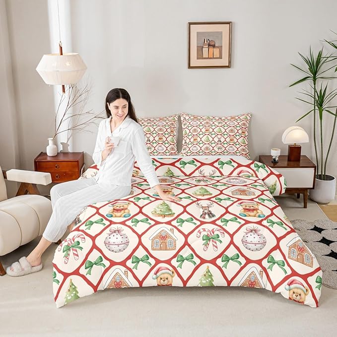Merry Christmas Kids Comforter Set Queen Size,Kawaii Bowknot Xmas Bear Bedding Set,Room Decor,Pine Tree Geometric Lattice Quilt Comforter,Beige Red Green Duvet Set Bedroom Quilt Set,2 Pillowcases
