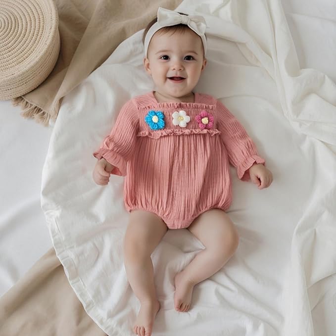 Gaono Newborn Baby Girl Smocked Bubble Romper Cute Boho Summer Clothes Ruffle Sleeveless Crochet Flower Vintage Bodysuit