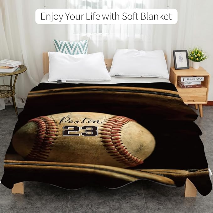 Custom Softball Baby Blanket with Name Number: Personalized Fluffy and Warm Gift for Baby Toddler Kids and Adults Birthday Skin-Friendly Flannel Fabric(30"x40")