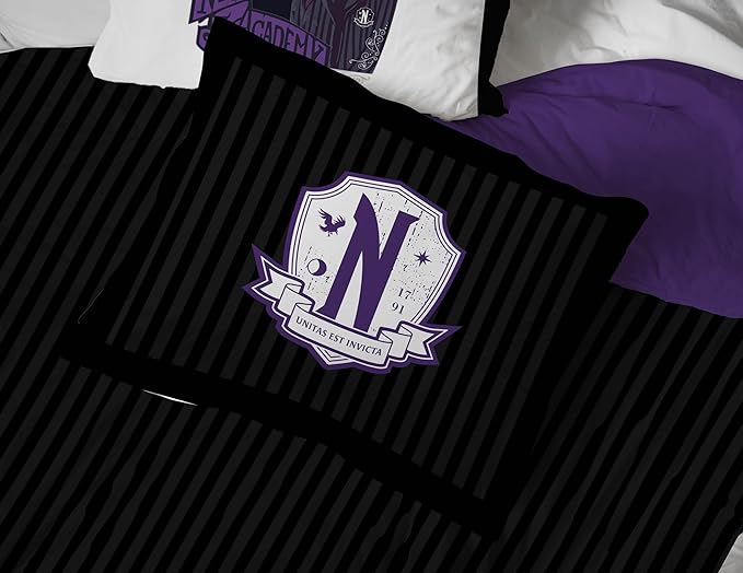 Jay Franco Wednesday Addams Twin Comforter Set 5 Piece Bedding Includes Sheet Set & Pillow Covers - Black and Grey Stripes Super Soft Kids Bedding