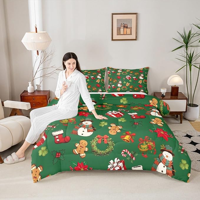 jejeloiu Merry Christmas Comforter Set King Size Cute Snowman Bedding Set for Kids Boys Girls Gingerbread Man Duvet Quilt Green Bedroom Decor