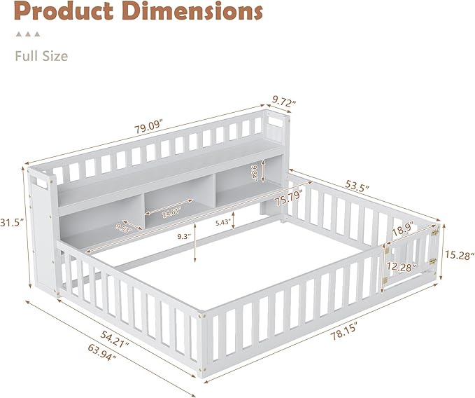 mikibama Twin Size Floor Bed with Side Bookcase and Shelves, Montessori Floor Bed with Guardrails for Bedroom, Wood Full Floor Bed Frame with Storage for Girls, Boys, White
