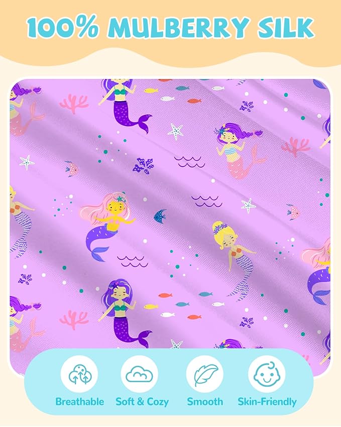 Silk Pillowcase for Kids - 30 x 20 Inches Queen Size Mulberry Silk Pillow Case with Zipper Cute Cartoon Kawaii Teens Girls Boys Pillowcase for Hair and Skin, Purple Hair Mermaid
