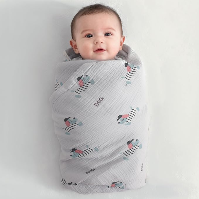 NTBAY 4 Layer Muslin Cotton Blanket, 30x40 Soft and Breathable Receiving for Newborns and Infants, Perfect for Crib, Stroller, Travel, Lightweight Nursery Blanket, Striped Dog