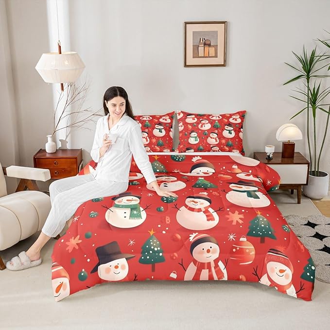 Feelyou Christmas Comforter Set King Size Snowman Bedding Set for Kids Boys Girls Snowflake Duvet Quilt New Year Theme Bedroom Decor Microfiber 3 Pcs with 2 Pillow Cases