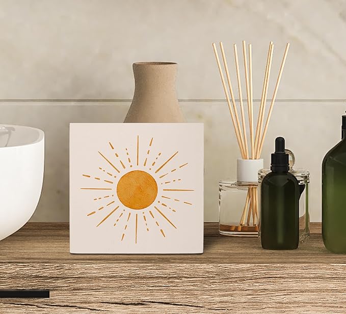 KU-DaYi Abstract Boho Sun Orange Sunrise Sunshine Wood Box Sign Rustic Farmhouse Style Wood Block Plaque Decor for Bohemian Home Girls Room Wall Desk Shelf Decoration
