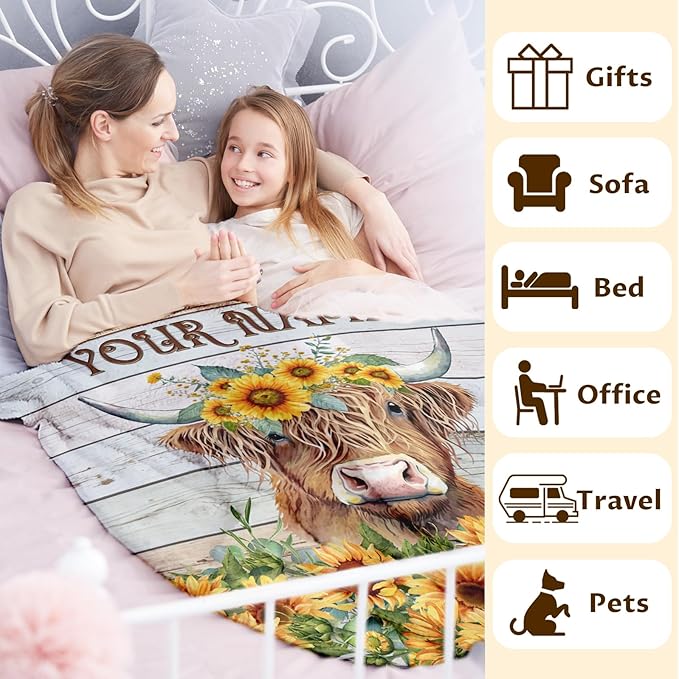 Personalized Blanket Gifts for Women Girls - 60x50 Inches Cute Highland Cow Throw Blanket for Kids Teens Adults - Yellow Soft Flannel Vintage Blankets for Bed Couch Travel