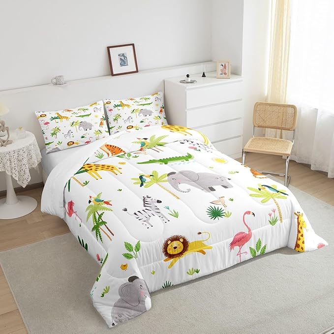 Feelyou Kids Safari Animal Bedding Set Twin, Nursery Baby Boy Cartoon Lion Jungle Comforter Set Woodland Forest Wildlife Comforter for Kids Boys Girls Kawaii Flamingo Duvet Set 2Pcs