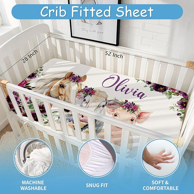 Personalized Baby Crib Bedding Set, 5 Pcs Custom Name Baby Crib Set with Floral Animals, Baby Girls Nursery Bedding Sets, Double Layer Blanket, Newborns Infants Toddlers Customized Gifts
