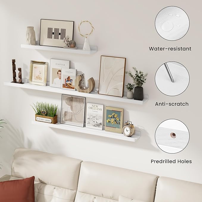 Solid Ash Wood Picture Ledge Shelf, 24 Inch Floating Shelves with Lip Set of 2, Photo Ledge Shelf Nursery Bookshelf Wall Mounted for Living Room Bedroom Decor, White