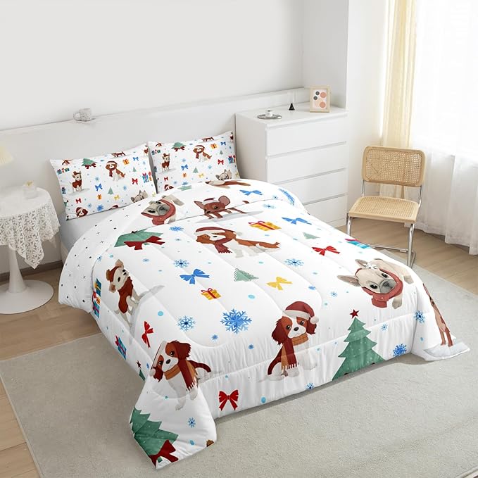 Feelyou Christmas Puppy Comforter Set All Season Festive Pet Bedding Set with 1 Pillow Cases Cute Dog Kids Twin Bedclothes Xmas Tree Snowflake Bedroom Decor Duvet Quilt Breathable Soft Lightweight