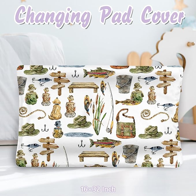 Personalized Baby Crib Bedding Set, 5 Pcs Custom Name Nursery Bedding Set for Girls Boys, Fishing Baby Crib Set for Toddlers Infants, Double Layer Bedding Crib Sets Customized Gifts