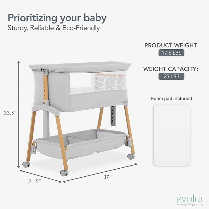 évolur Lullaby Portable Bassinet with Wheels, Adjustable Bedside Sleeper, Breathable Mesh Sides, Large Storage Basket, Easy Fold, and Travel Bag Included, Perfect for Newborns & Infants - Light Gray