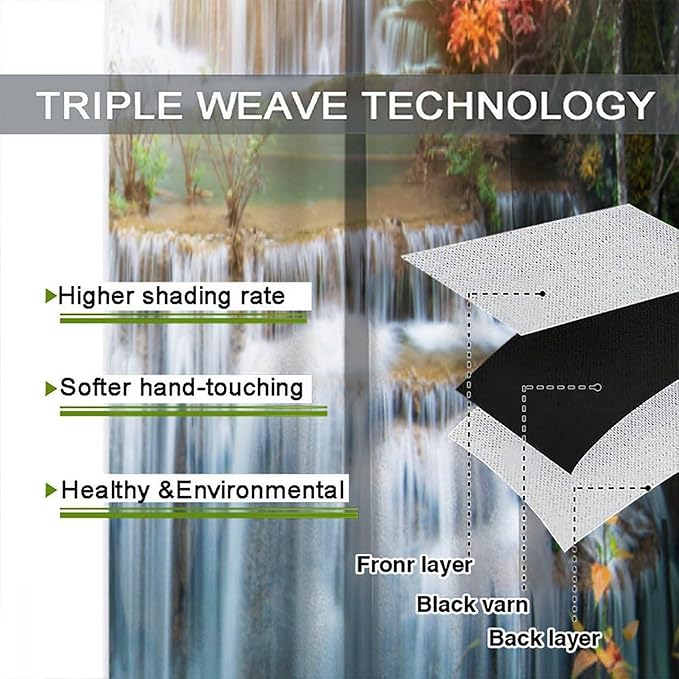 Waterfall Blackout Window Curtains, Nature Landscape Fores Theme Rod Pocket Window Drapes, for Living Room Bedroom 42" W X 54" L