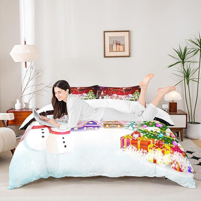 Manfei Christmas Duvet Cover Set King Size, Snowman Xmas Tree Bedding Set for Kids Boys Girls, Santa Claus with Reindeer Comforter Cover New Year Theme Quilt Cover with 2 Pillowcases, No Comforter