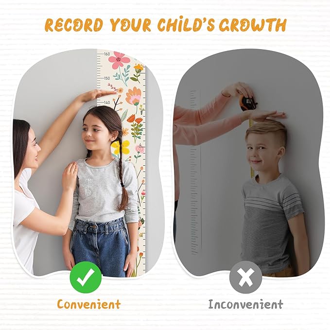 Personalized Name Growth Chart Wall Decor for Kids – Canvas Removable Height Chart Measuring Ruler 59" x 7.9" (Flowers and Plants)