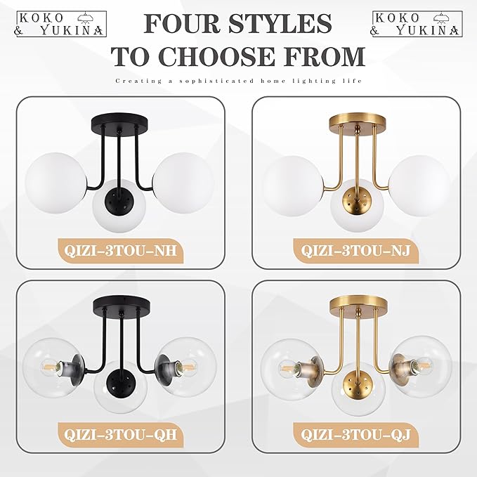 KoKo&Yukina 3-Light Semi Flush Mount Ceiling Light Globe Lights Mid Century Ceiling Light with Opal Milk Glass Globe & Matte Black for Bedroom Hallway Entryway Kitchen Living Room (Bulb Incl.)