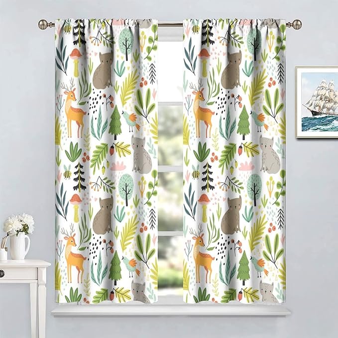 Cartoon Forest Kids Blackout Curtains,Cute Woodland Wild Animals Colorful Deer Plants Trees Print Pattern Thermal Insulation Window Drapes for Nursery Boys Girls Bedroom,White Background 84x84in