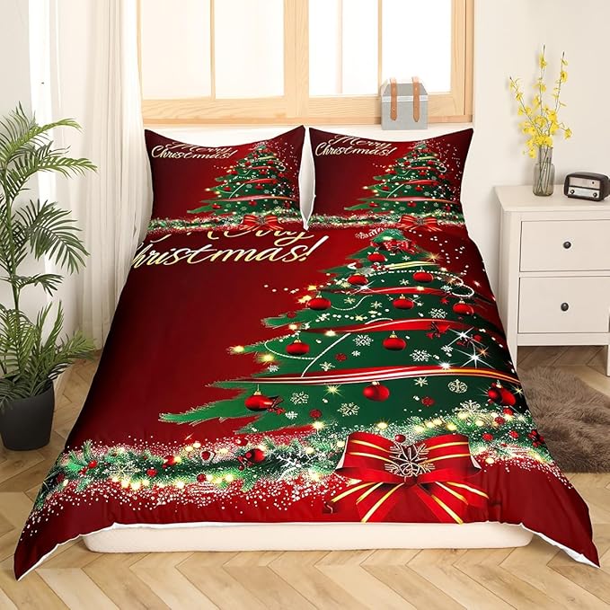 Christmas Tree Duvet Cover Set Twin Size Fir Tree Branches and Deer Print Bedding Set 2pcs for Kids Girls New Year Theme Comforter Cover Merry Christmas Red Quilt Cover with 1 Pillowcase,No Comforter