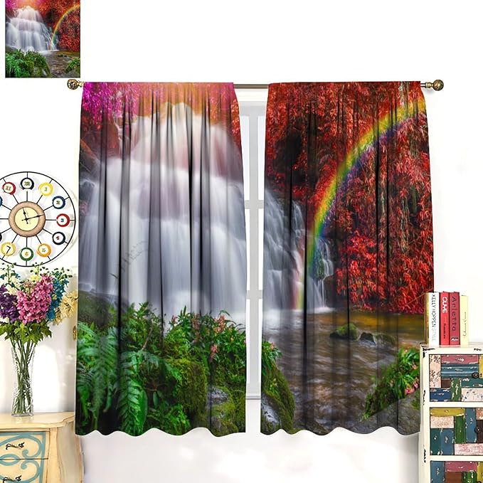Waterfall Blackout Curtains, Nature Landscape Forest Mountain Waterfall Scenery Scene Print Pattern Window Drapes, for Bedroom Living Room 42" W X 45" L
