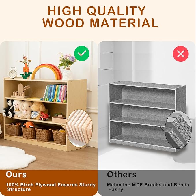 3 Tier Montessori Shelf 30in Toy Storage Shelf Birch Wood Kids Bookshelf Classroom Storage Shelves Low Bookcase Book Shelf for Kids Room Nursery Playroom Daycare Preschool, Natural