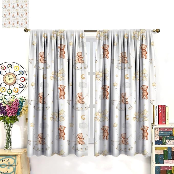 Cartoon Bear Curtains, Cute Lovely Bear Star Cloud Ballon Pastel Window Treatments, Rod Pocket Thermal Insulated Drapes 2 Panel Sets for Kids Bedroom Nursery Classroom, 42" W X 45" L
