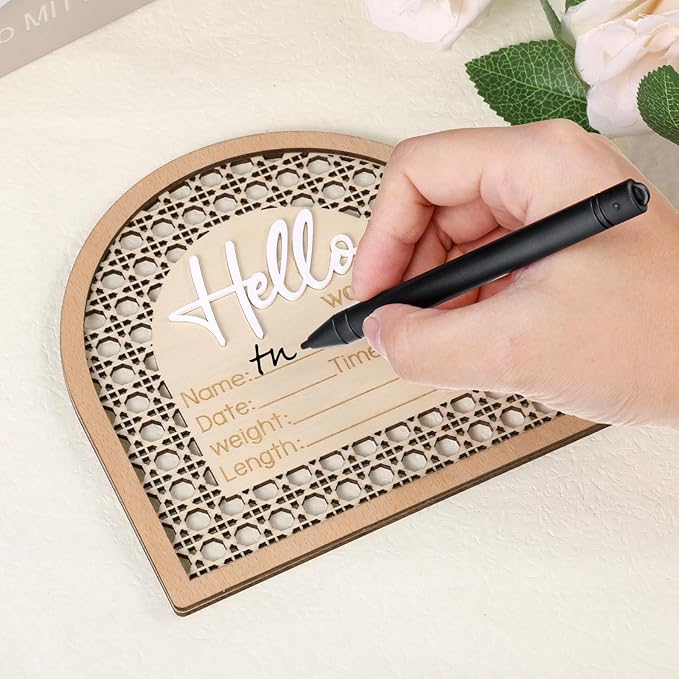 Baby Announcement Sign, 5.5in Wooden Arched Baby Shower Welcome Sign, Hello World Newborn Welcome Signs Birth Name Tag, Can be Used for Photo Props, Nursery, Newborn Gift