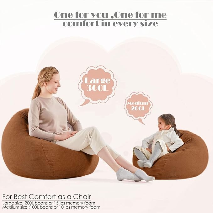 Nobildonna 3 ft Bean Bag Chair Cover (No Filler) 35"×43" Large Stuffed Animal Storage Bean Bag Washable Big Beanbag Chair Cover Premium Corduroy Bean Bag Cover for Adults,Kids,Orange Brown 300L