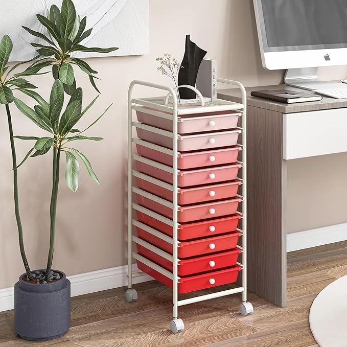 Storage Cart, Rolling Utility Cart with 10 Drawers, Portable Handles & Lockable Wheels, Mobile Paper Toys Storage Organizer Large Capacity for Home Office School Teacher (Gradient Pink)