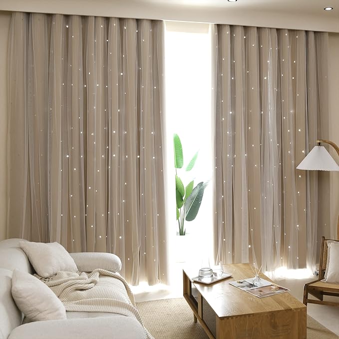 Kinryb Kids Blackout Curtains for Bedroom/Living Room/Classroom, Sheer Overlay 2 Panel Set, Double Layer Curtains with Star Cutout for Kids Room(Each Piece W 70 x L 72 Inches 2 Pcs Beige)