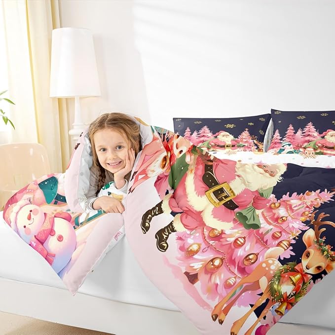 jejeloiu Merry Christmas Comforter Set Full Size Santa Claus Bedding Set for Kids Boys Girls Cute Deer Duvet Quilt Dark Blue Bedroom Decor