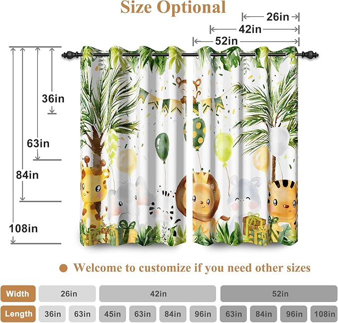 Renaiss 52 x 96 Inch Rainforest Safari Animal Curtains African Jungle Tropical Lions Tigers Elephants Giraffes Palm Trees Pattern Polyester Fabric Grommet Window Drapes for Nursery Bedroom 2 Panels