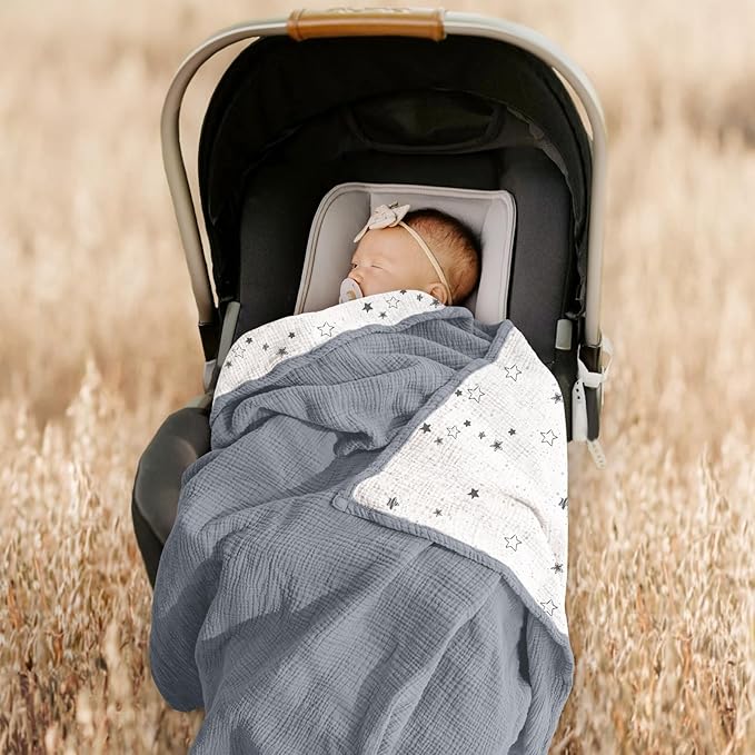 lulumoon Muslin Baby Blanket - Cotton Toddler Blankets for Cribs - Quilt Nursery Blanket for Baby Boys and Girls 47"x47"(Starry Sky Gray)