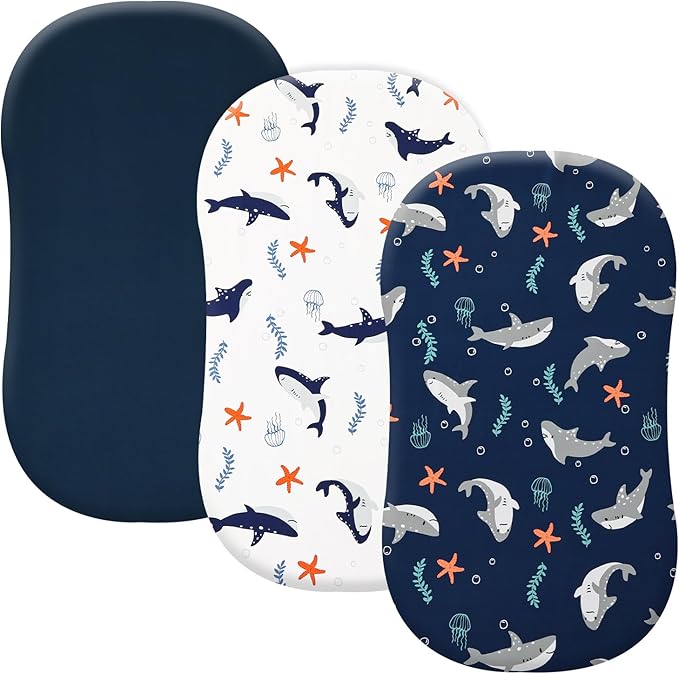PHF 3 Pack Soft Bassinet Sheets, Shark Breathable Comfy Cradle Sheets for Baby Boys Girls Neutral, No Slip Universal Fit for Most Cradle and Bassinet Mattress, Shark