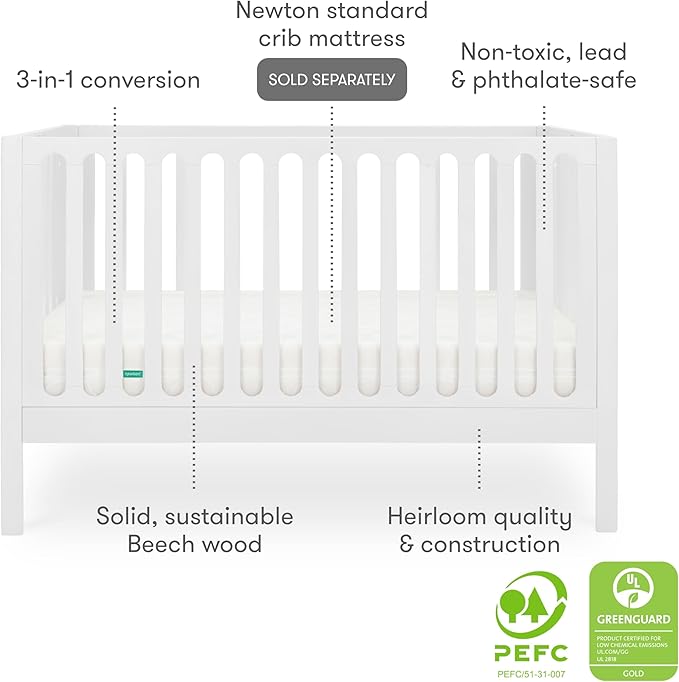 Newton Baby Galileo Standard Crib, Solid Beech Wood in White Color, 3-in-1 Convertible Crib with Toddler Bed Conversion Kit, Ultra-Safe Non-Toxic Finish