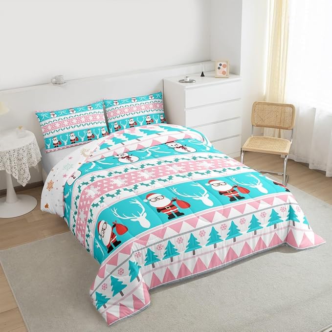 Feelyou Merry Christmas Tree Bedding Set Soft for Boys Girls, Cute Snowman Comforter Set Queen Size Santa Claus Duvet Quilt Microfiber Cartoon Bowknot Bedroom Decor 3 Pcs with 2 Pillow Cases