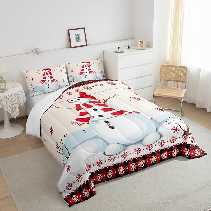 Kids Snowman Christmas Comforter Set Queen Size,Snowflake Romantic Bedding,Girls Boys Adults Bedroom/Xmas Cabin Decor,Geometric Grid Lattice Down Comforter,Rustic Farmhouse Duvet Insert,2 Pillowcases