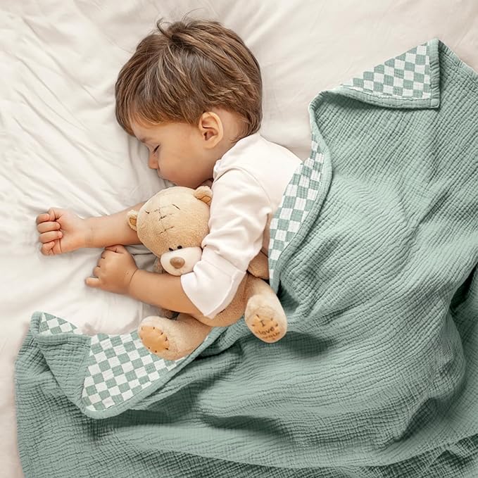 lulumoon Checkered Baby Blankets for Boys: Muslin Cotton Toddler Blanket for Daycare - Soft Lightweight for Nursery Stroller 47"× 47"（Sage Checkered）