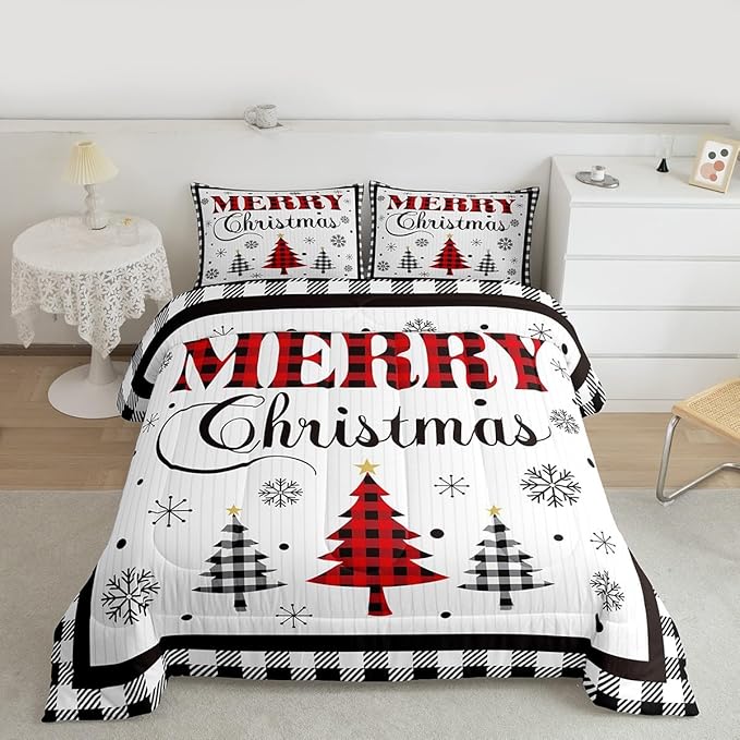 Merry Christmas New Year Kids Comforter Set Queen Size,Snowflake Pine Trees Bedding,Girls Boys Adults Bedroom/Xmas Cabin Decor,Grids Geometric Fashion Down Comforter,Rustic Duvet Insert,2 Pillowcases