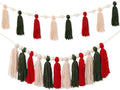 2 Pcs Tassel Garland with Wood Beads, Handmade Cotton Yarn Wall Hanging Banner Boho Tassel Wall Hanging Party Decor for Nursery, Birthday Baby Shower Home Classroom Decoration(Red Green)