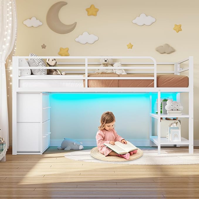 BTHFST Low Loft Bed Twin Size with 6 Storage Drawers, LED Lights, 2 Tier Storage Shelves, Kids Metal Loft Bed with 15" H Stairs & Safety Guardrail, Spave Saving, White