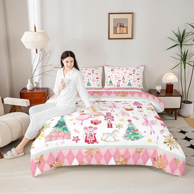 Feelyou Pink Christmas Kids Comforter Set King Size Ballet Nutcracker Bedding Set Snowflake Duvet Quilt for Kids Boys Girls Bedroom Decor Microfiber Ultra Soft Breathable